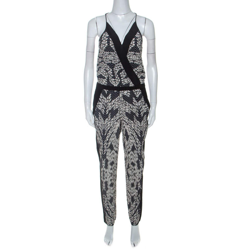 Pre Owned Diane Von Furstenberg Black Printed Silk Shany Jumpsuit M