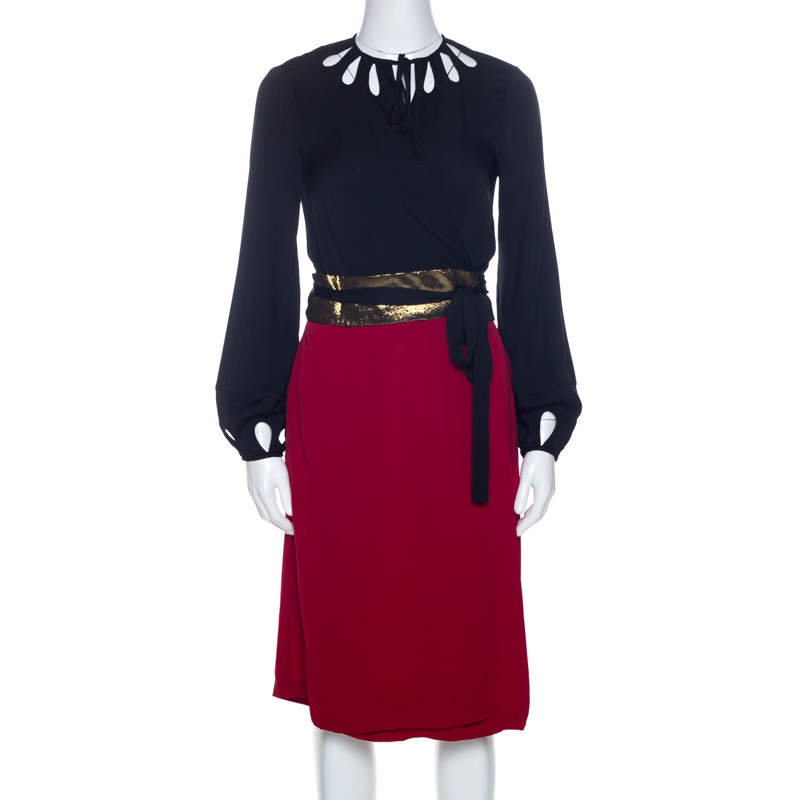 Pre Owned Diane Von Furstenberg Black and Red Silk Kiandra Wrap Dress M