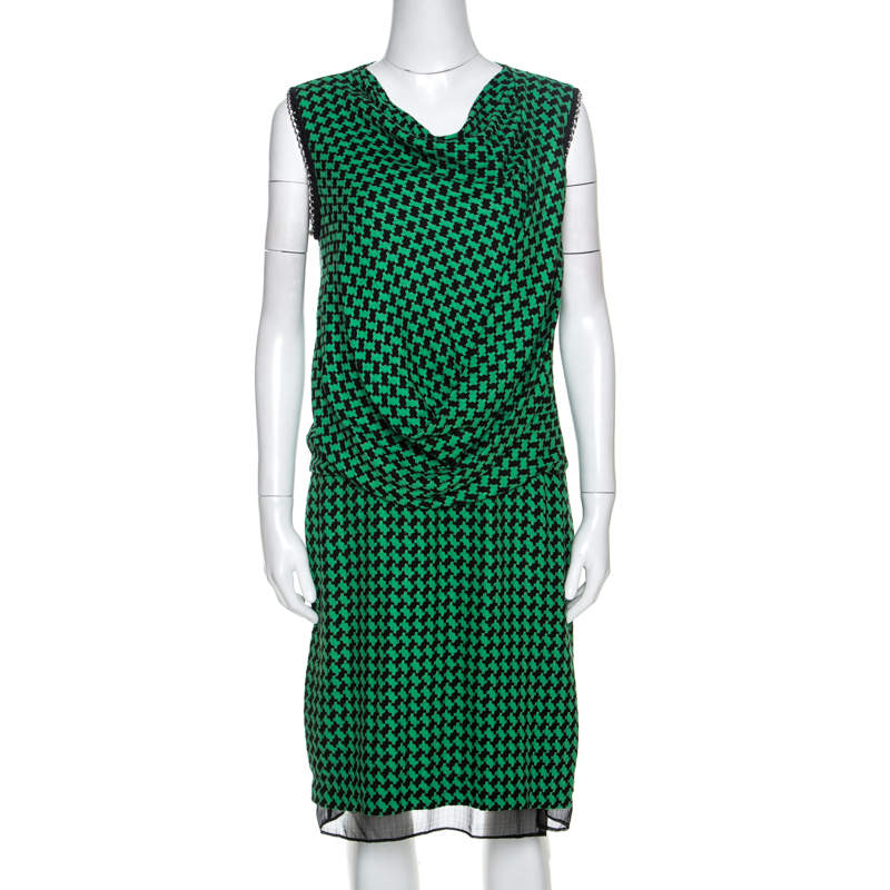 Pre Owned Diane Von Furstenberg Bicolor Patterned And Draped Leala Tweed Dress M