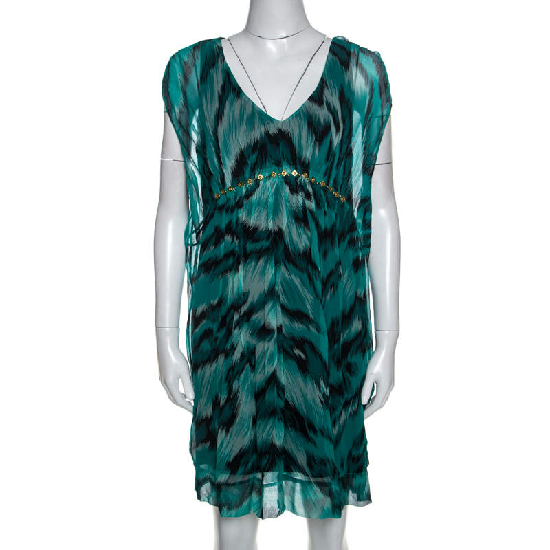 Pre Owned Diane Von Furstenberg Green Printed Silk Embellished Simea Dress M