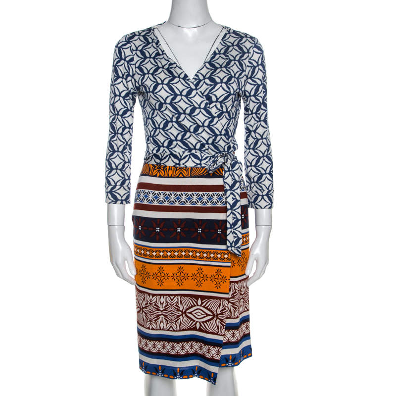 Pre Owned Diane Von Furstenberg Multicolor Printed New Julian Two Desert Band Wrap Dress M