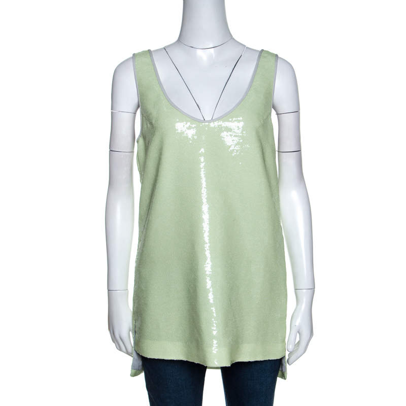 Pre Owned Diane Von Furstenberg Light Green Sequined Desta Tank Top M