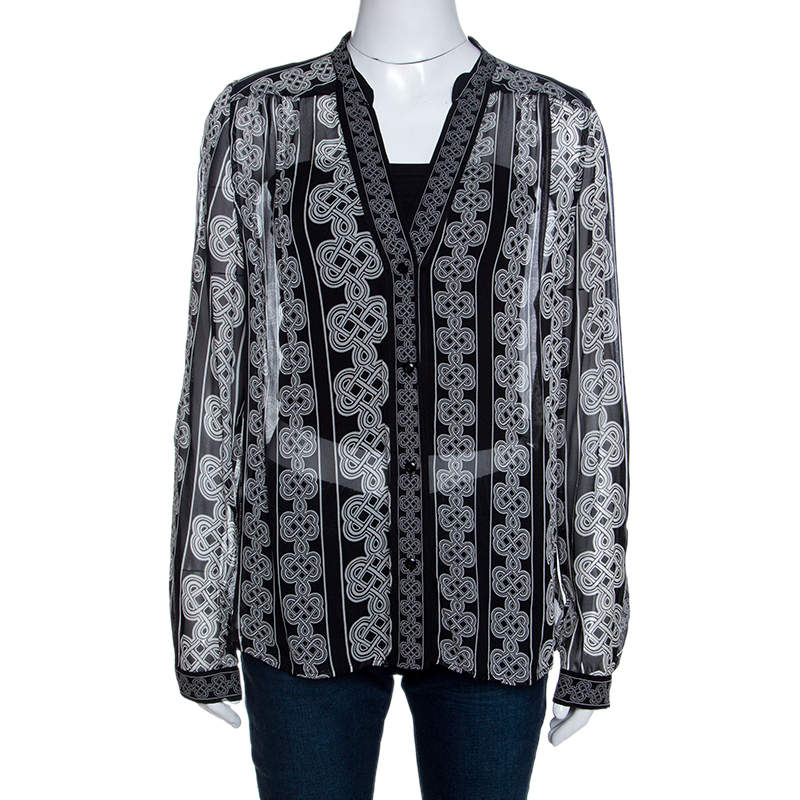 Pre Owned Diane Von Furstenberg Monochrome Knot Print Silk Harlow Blouse L