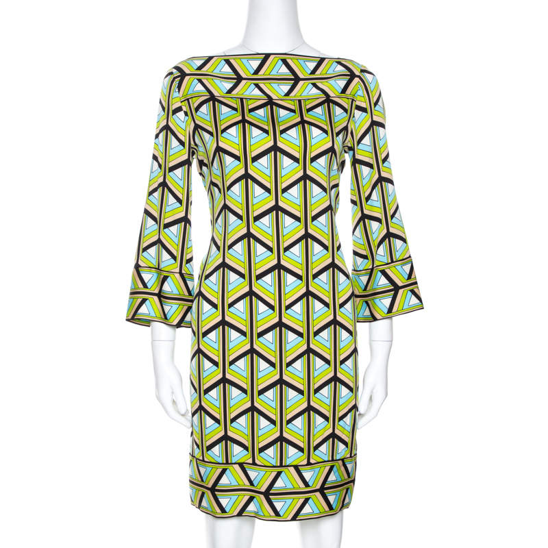 Pre Owned Diane Von Furstenberg Green Printed Silk Andati Shift Dress S