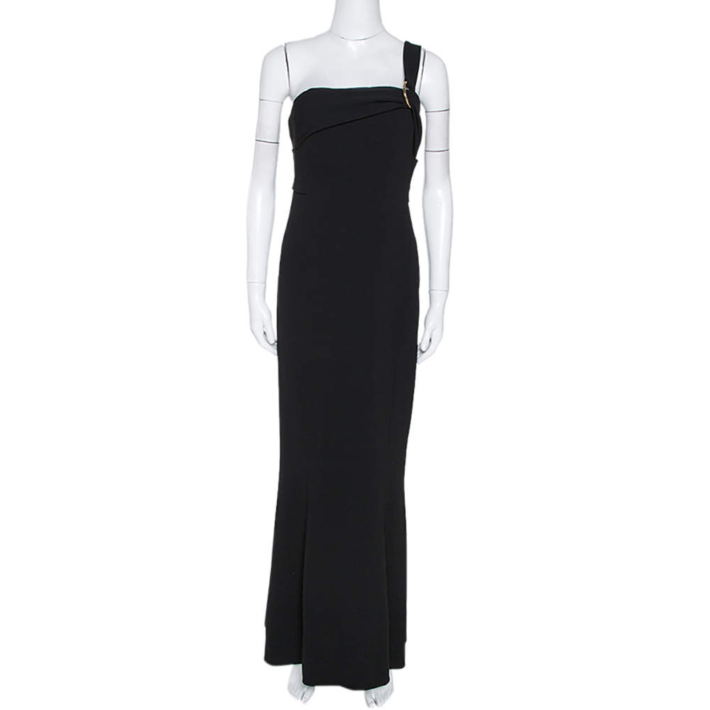 Pre Owned Diane von Furstenberg Black Fluid Crepe One Shoulder Gown L