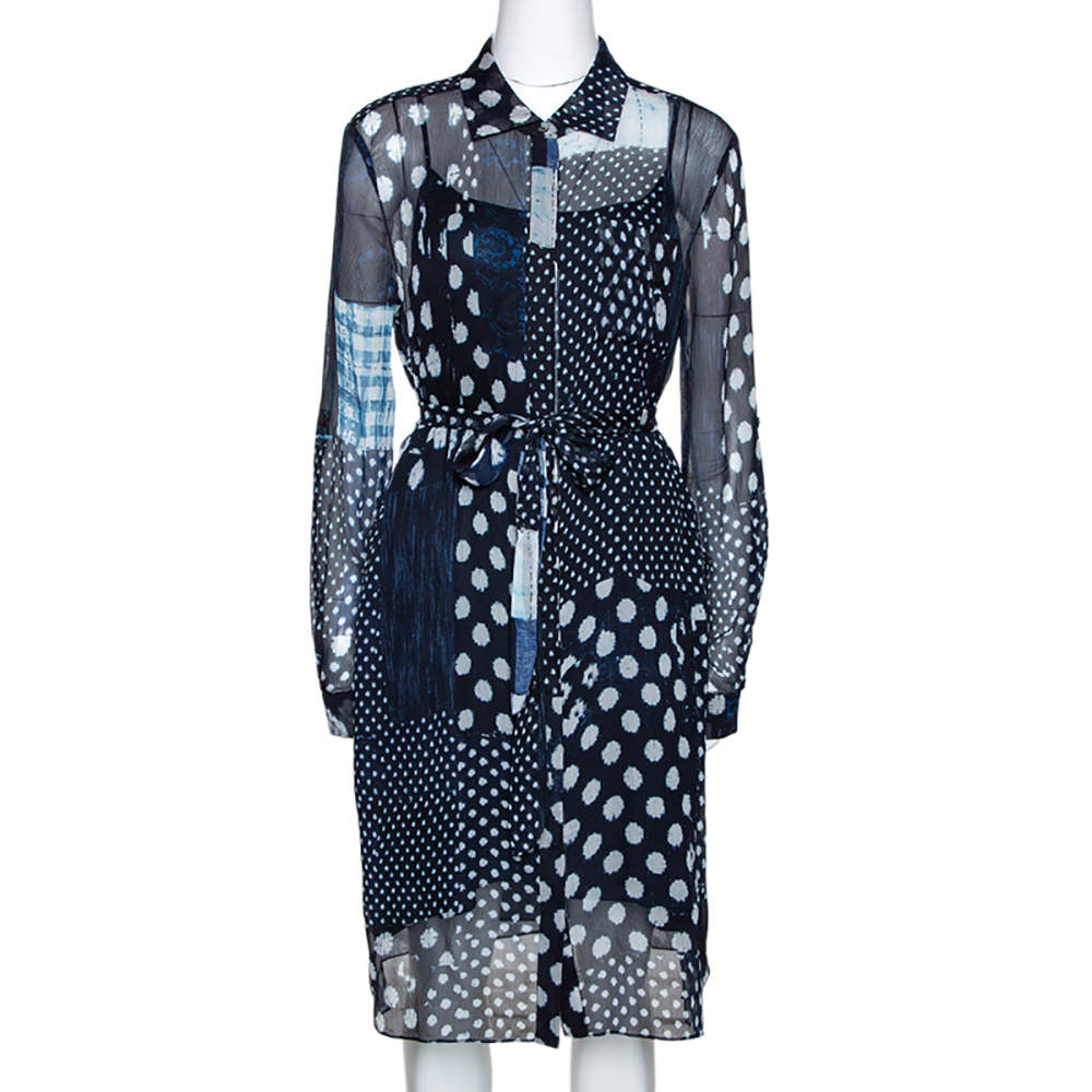 Diane Von Furstenberg Indigo Patchwork Print Silk Prita Long Shirt Dress L
