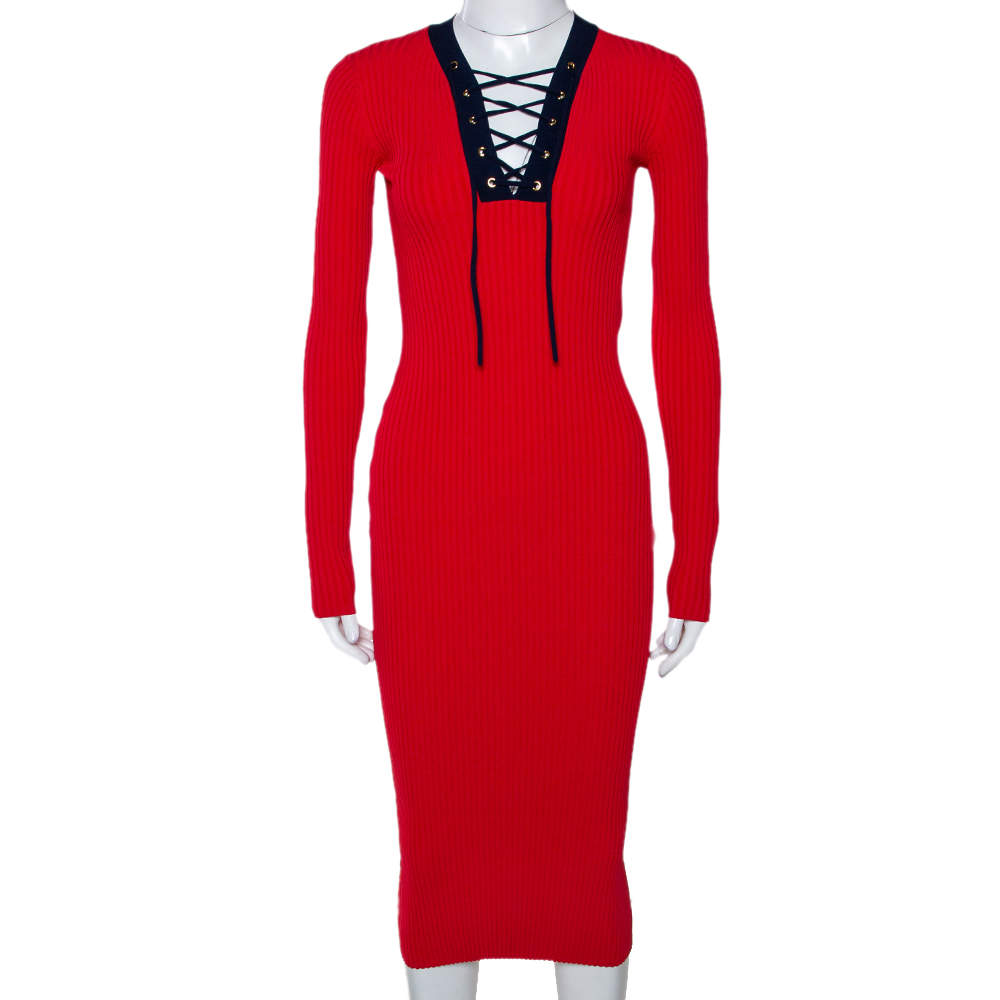 Pre Owned Diane Von Furstenberg Bright Red Rib Knit Lace Up Midi Dress XXS