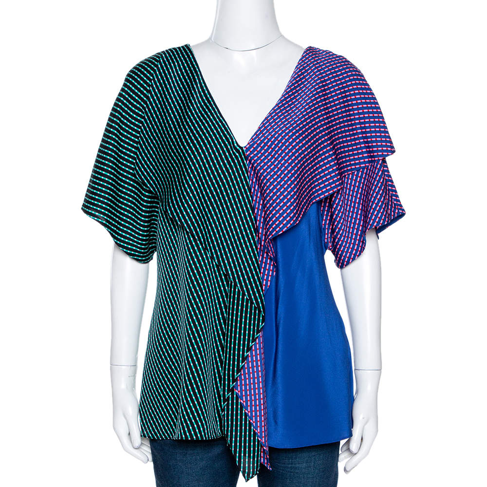 Pre Owned Diane von Furstenberg Blue Printed Color Block Silk Ruffled Blouse L