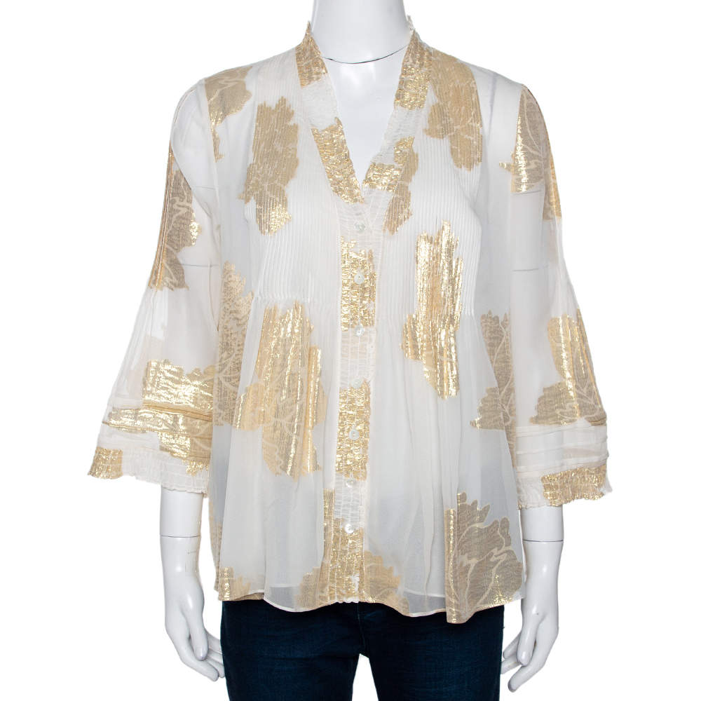 Pre Owned Diane von Furstenberg Cream Brocade Silk Pleated Layla Top M