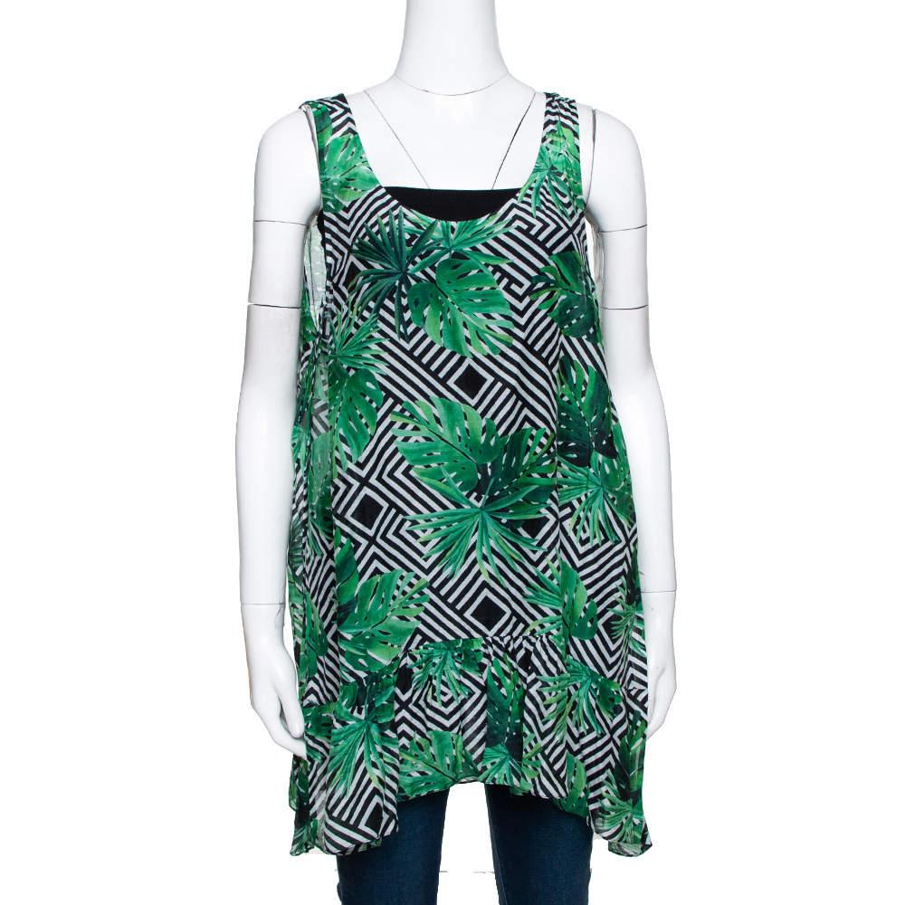 Pre Owned Diane Von Furstenberg Green Cotton Poplin Graphic Leaf Print Sleeveless Top S