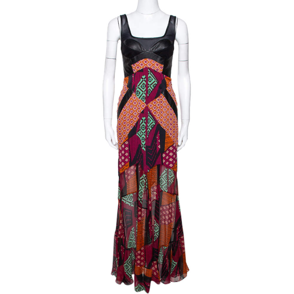 Diane Von Furstenberg Multicolor Printed Silk Leather Trim Serena Dress S