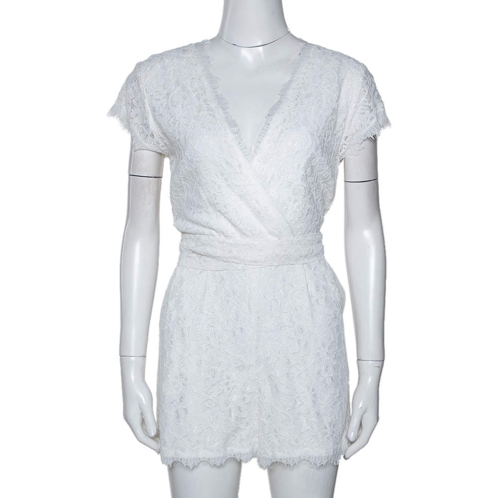 Pre Owned Diane von Furstenberg White Purdette Lace Wrap Romper S