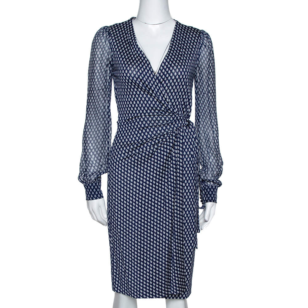 Pre Owned Diane Von Furstenberg Navy Blue Printed Silk Sigourney Two Wrap Dress S