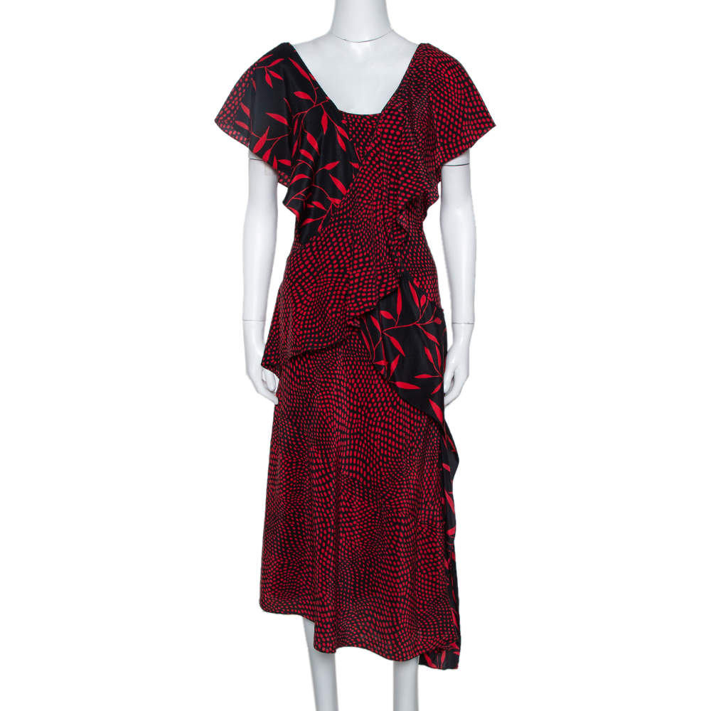 Pre Owned Diane Von Furstenberg Red Printed Silk Cross Over Ruffle Detail Midi Dress S 