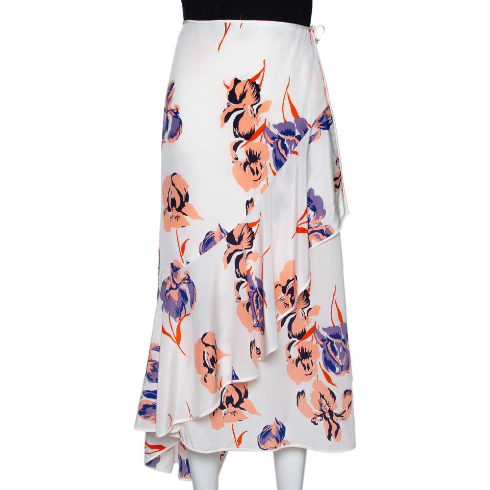 Pre Owned Diane von Furstenberg Ivory Printed Silk Ruffled Faux Wrap Skirt L