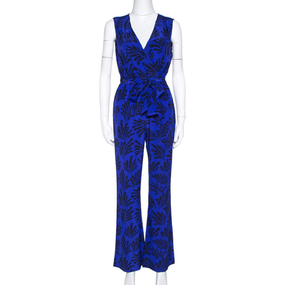 Pre Owned Diane von Furstenberg Royal Blue Printed Silk Sleeveless Jumpsuit S