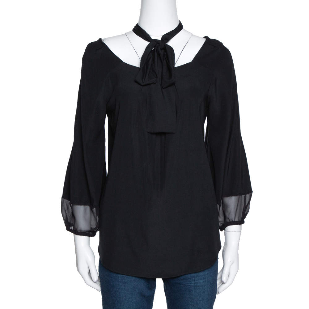 Pre Owned Diane von Furstenberg Black Silk Neck Tie Detail Blouse M