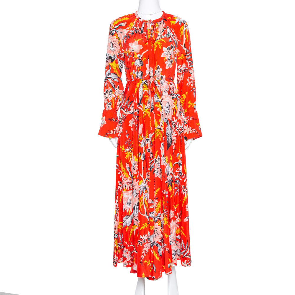 Diane von Furstenberg Red Printed Silk Bethany Cinch Sleeve Maxi