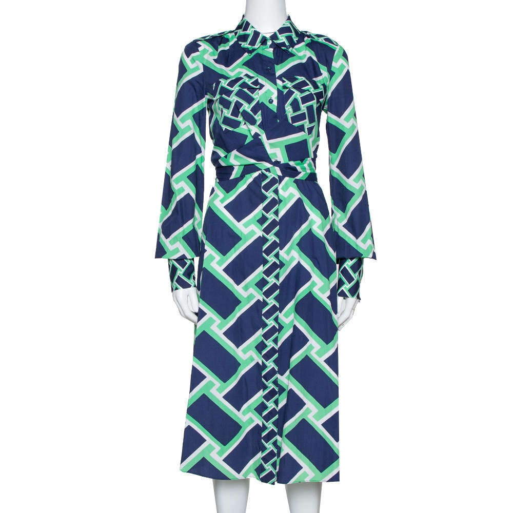 Pre Owned Diane von Furstenberg Navy Blue Printed Cotton Jeri Twist Front Dress S