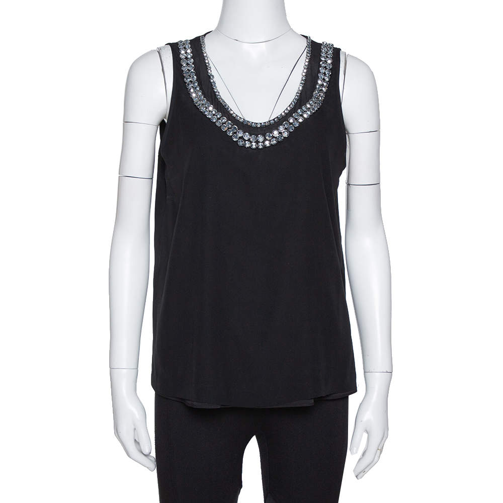 Diane Von Furstenberg Black Crystal Embellished Silk Ade Top S