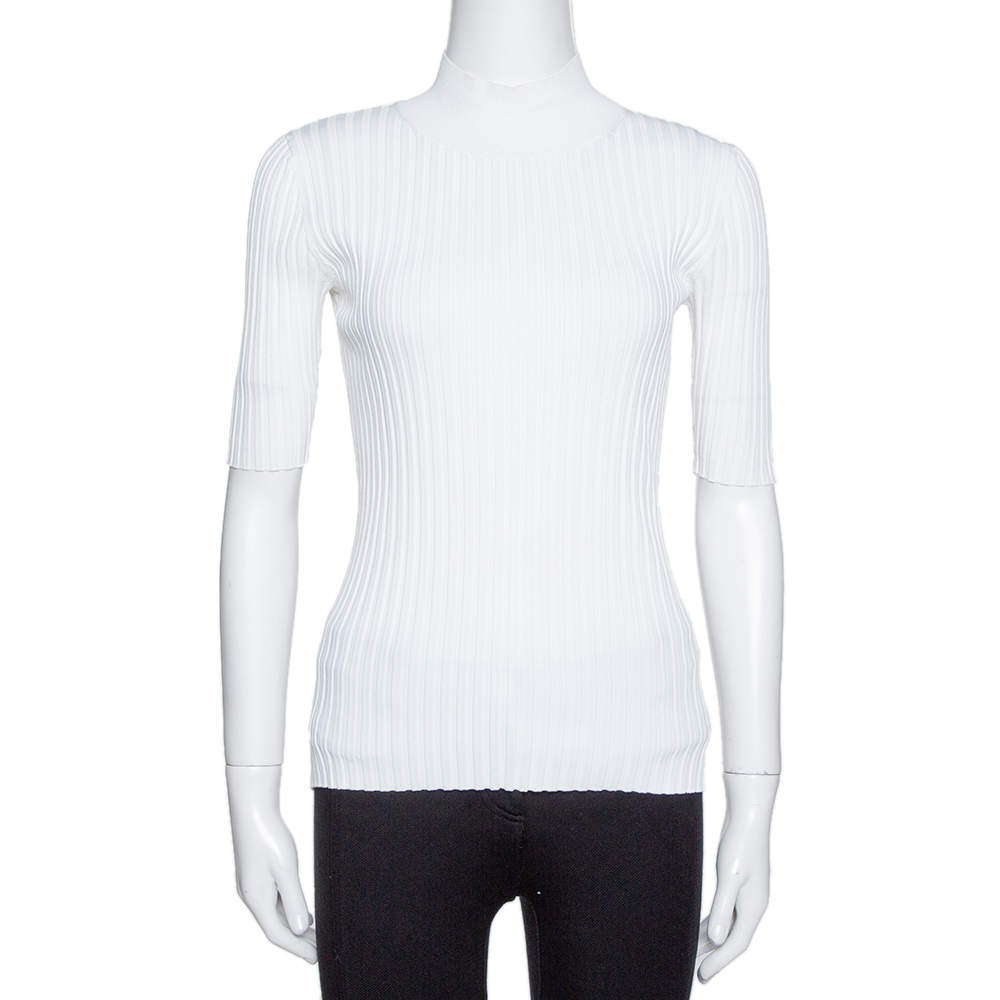 Pre Owned Diane Von Furstenberg White Rib Knit Fitted Top XS