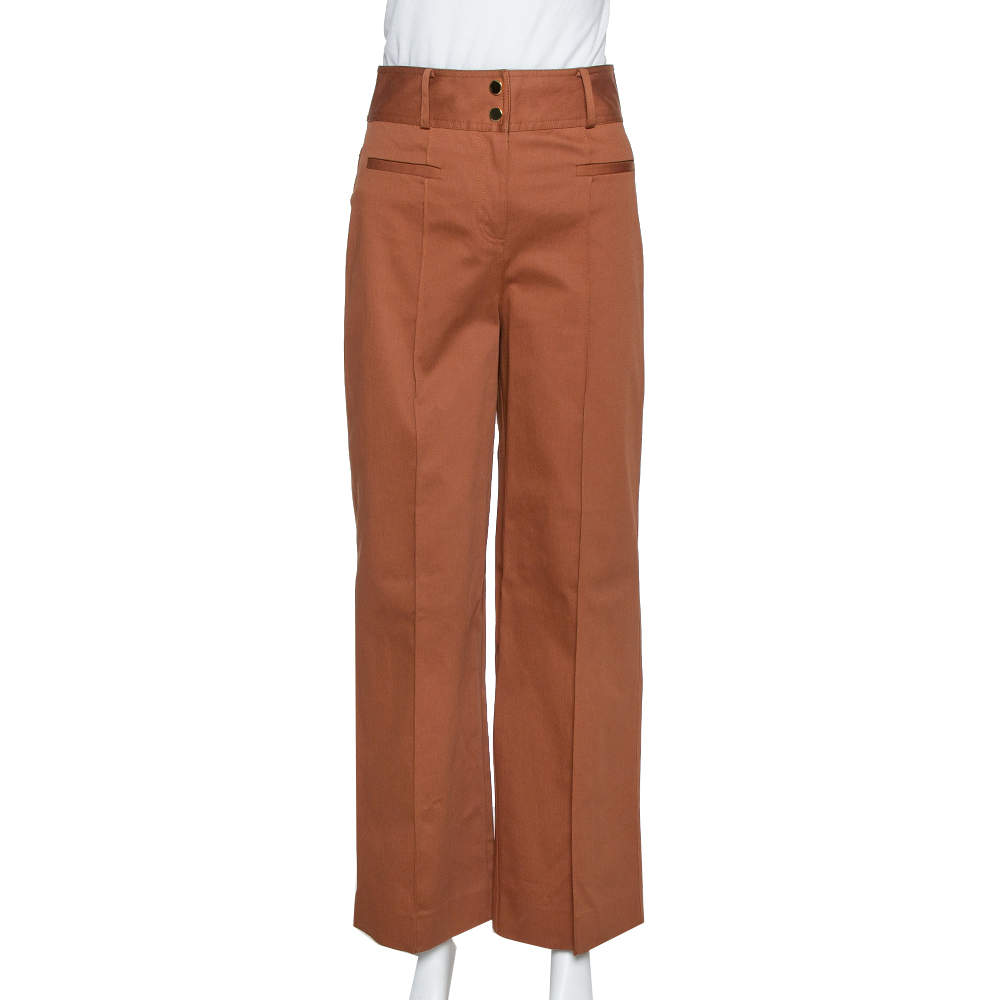 Pre Owned Diane Von Furstenberg Caramel Cotton High Waisted Wide Leg Trousers S