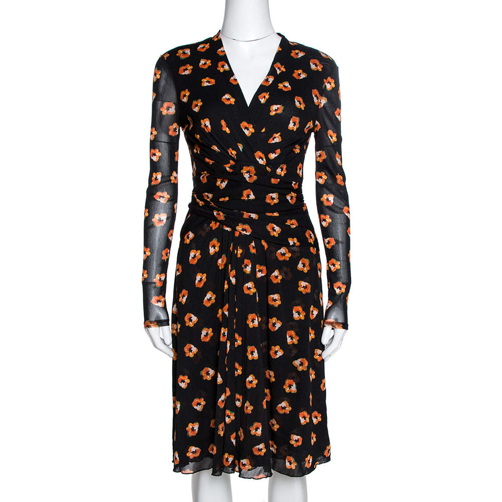 Pre Owned Diane von Furstenberg Black & Orange Floral Print Wrap Dress S