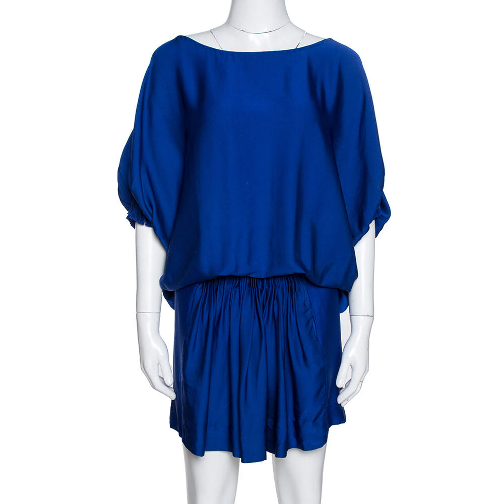 Pre Owned Diane von Furstenberg Blue Silk Ruched Handy Dress M