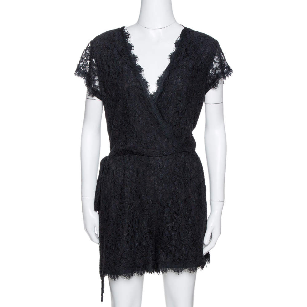 Diane Von Furstenberg Black Purdette Lace Romper L