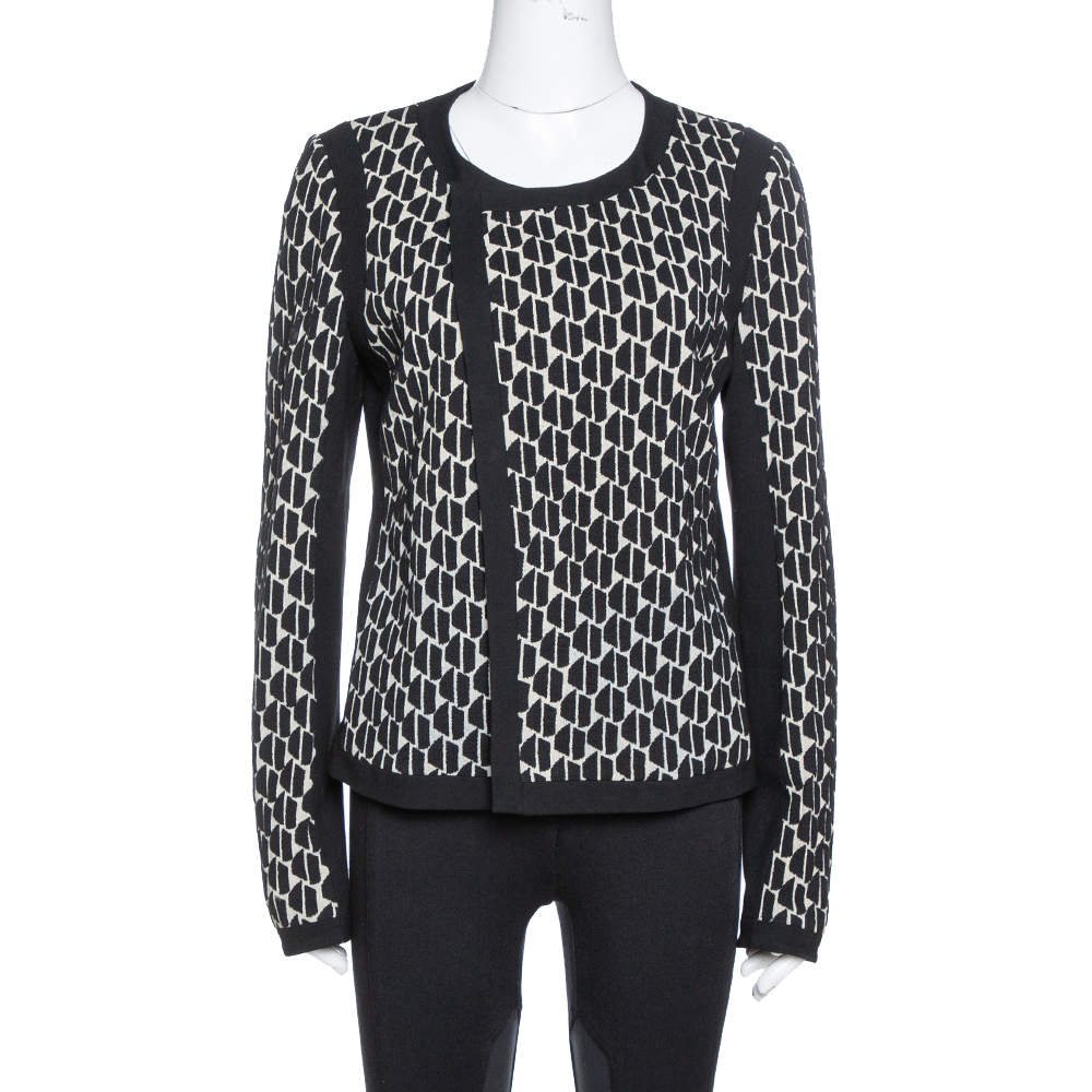 Pre Owned Diane Von Furstenberg Black & Cream Textured Knit Patricia Hounds Jacket L
