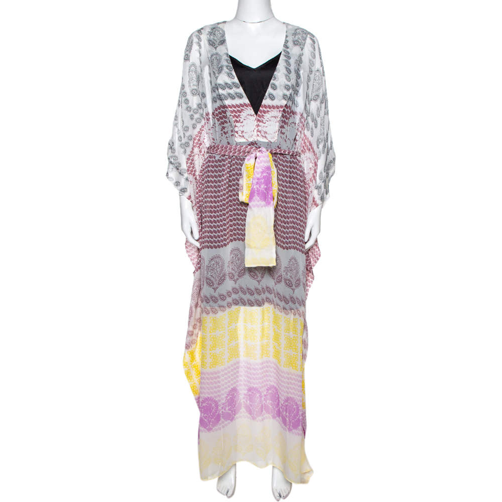 Pre Owned Diane von Furstenberg White Printed Silk Sheer Annushka Kaftan M