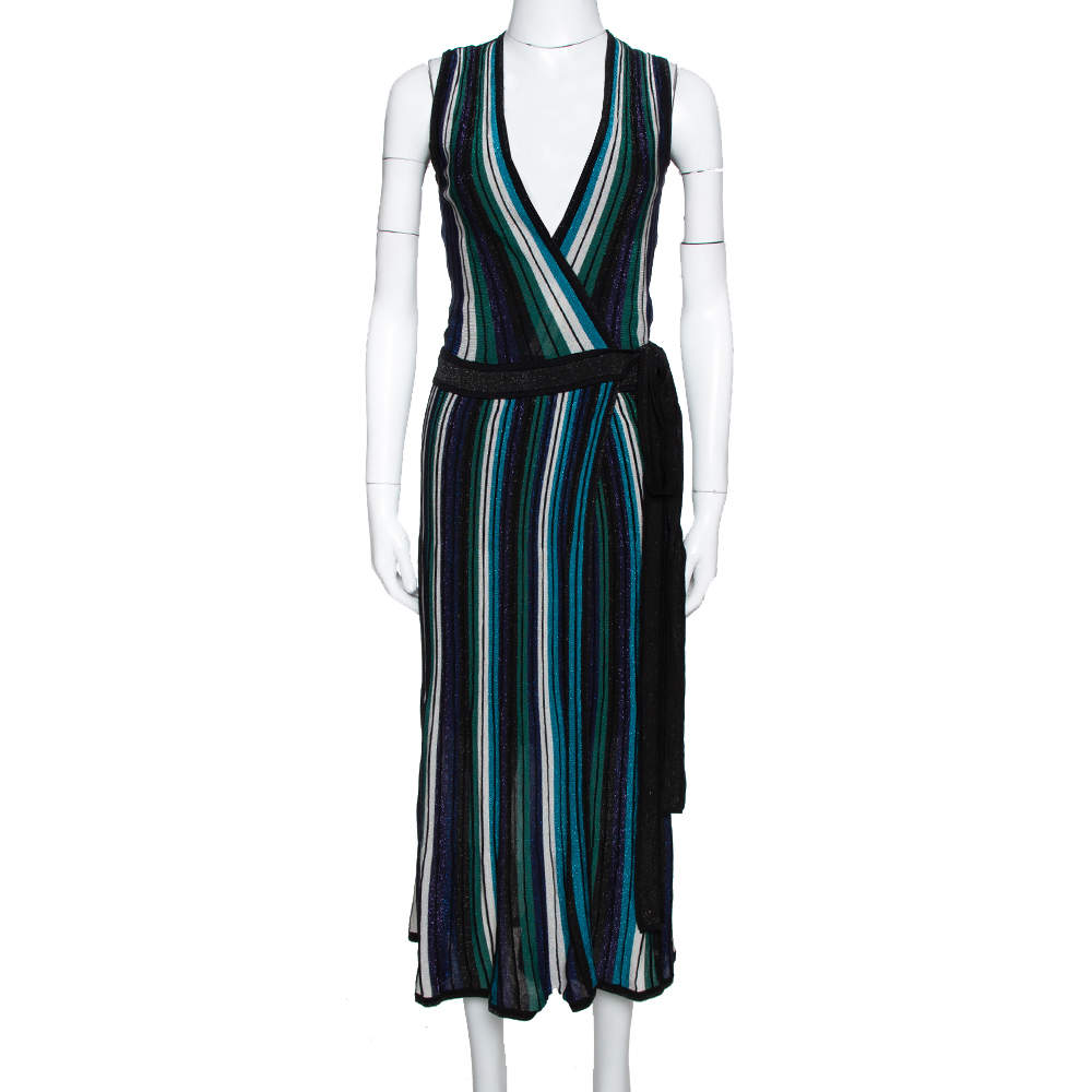 Diane von Furstenberg Black Lurex Striped Knit Cadenza Wrap Dress P