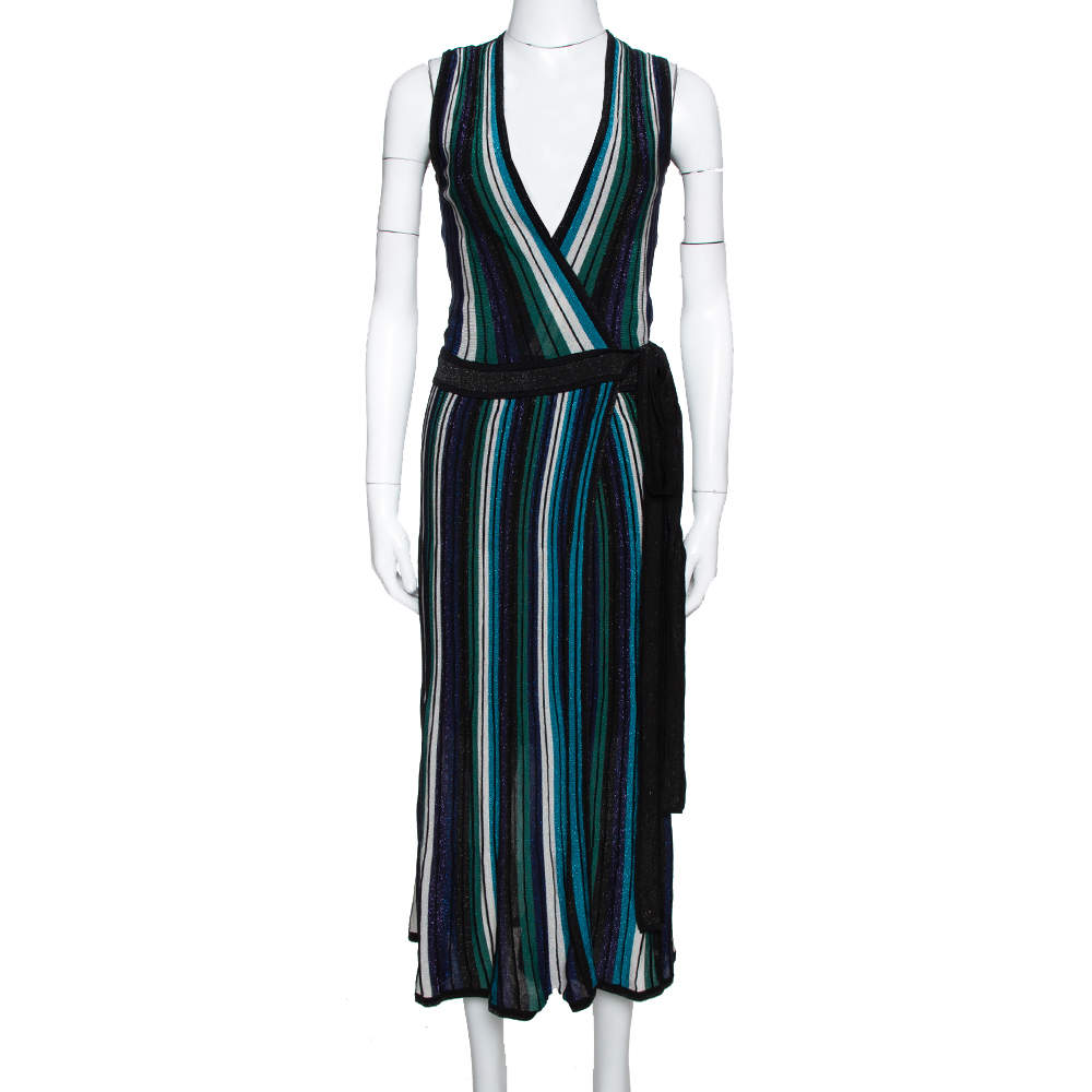 Pre Owned Diane von Furstenberg Black Lurex Striped Knit Cadenza Wrap Dress P