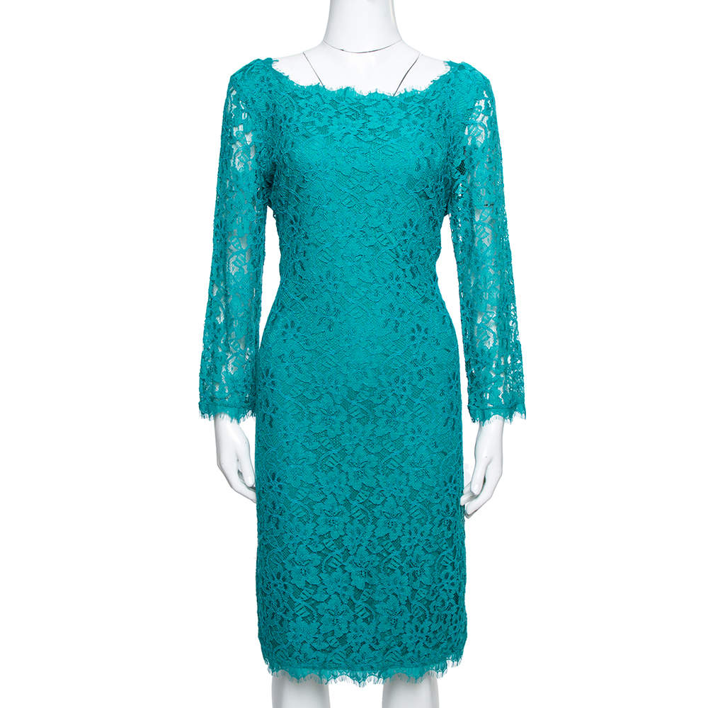 Pre Owned Diane von Furstenberg Zephyr Green Lace Zarita Dress L