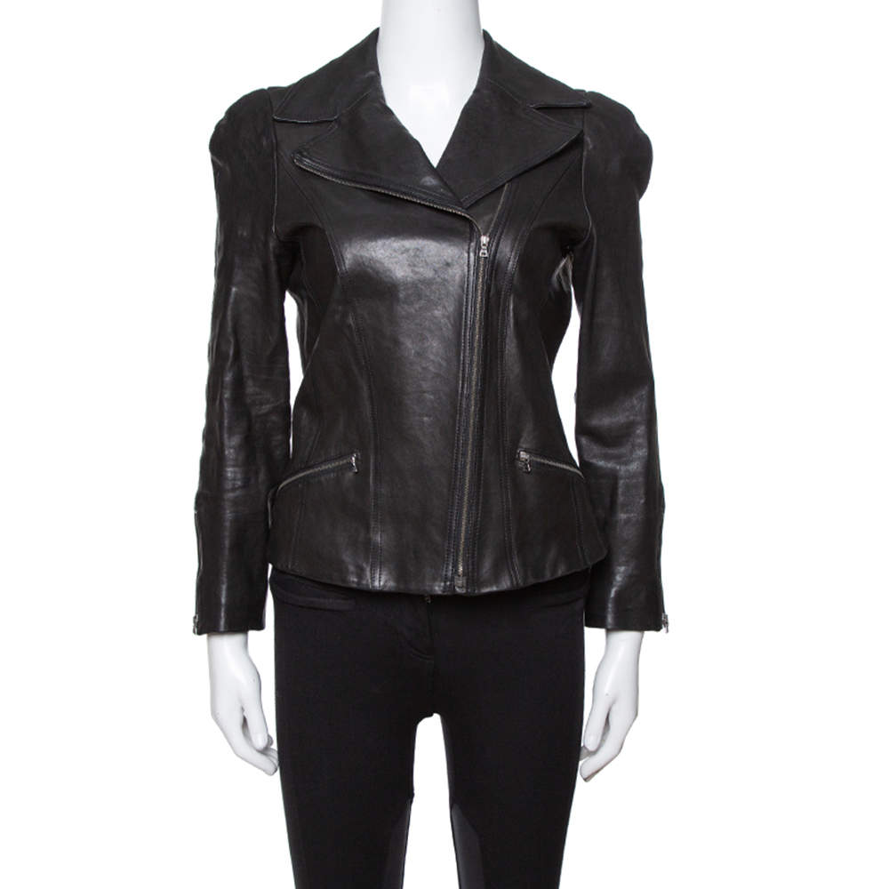 Pre Owned Diane von Furstenberg Black Leather Bikerita Jacket M