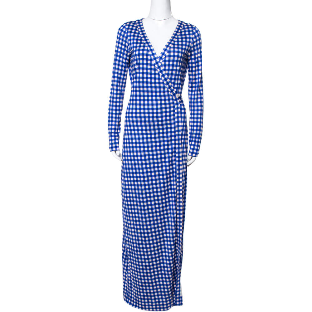 Pre Owned Diane Von Furstenberg Blue Gingham Silk Jersey New Julian Wrap Dress M