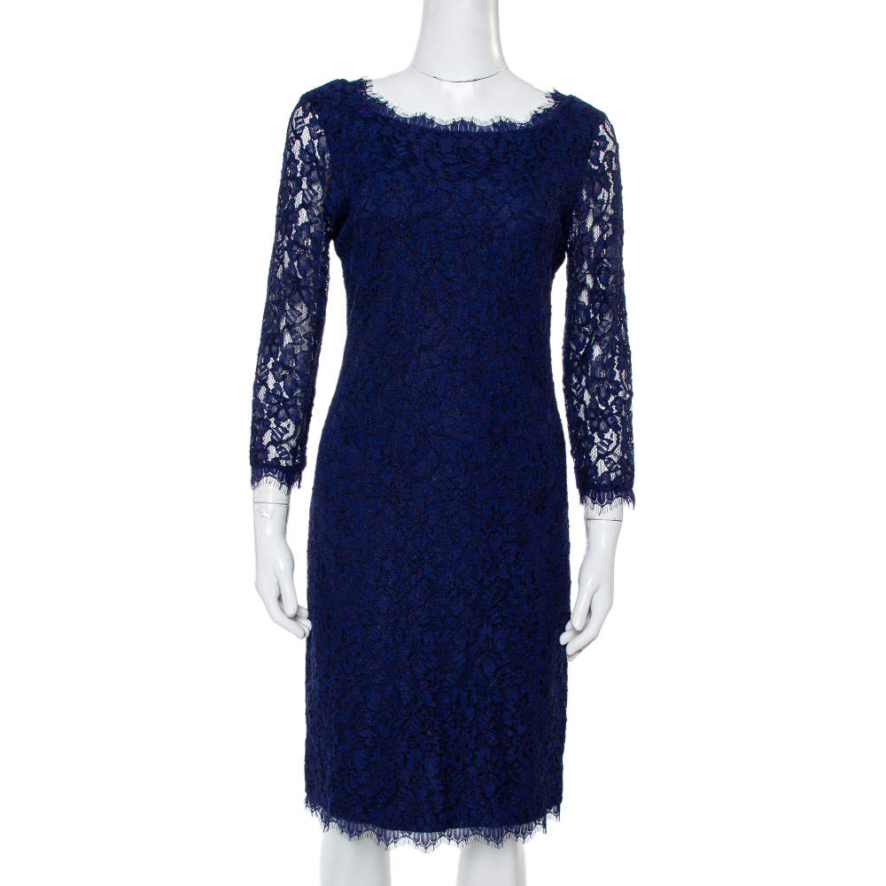Diane Von Furstenberg Navy Blue Lace Zarita Long Sleeve Dress M
