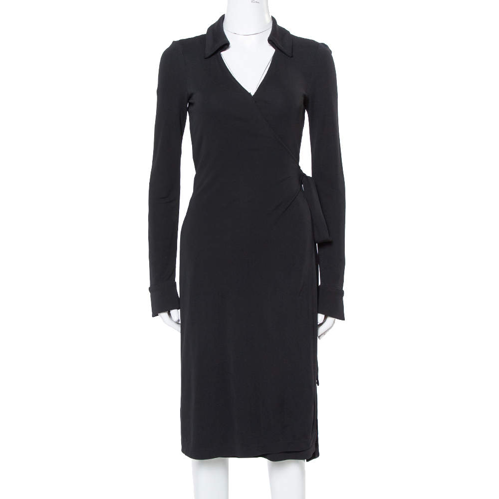 Pre Owned Diane Von Furstenberg Black Crepe Jeanne Wrap Dress S