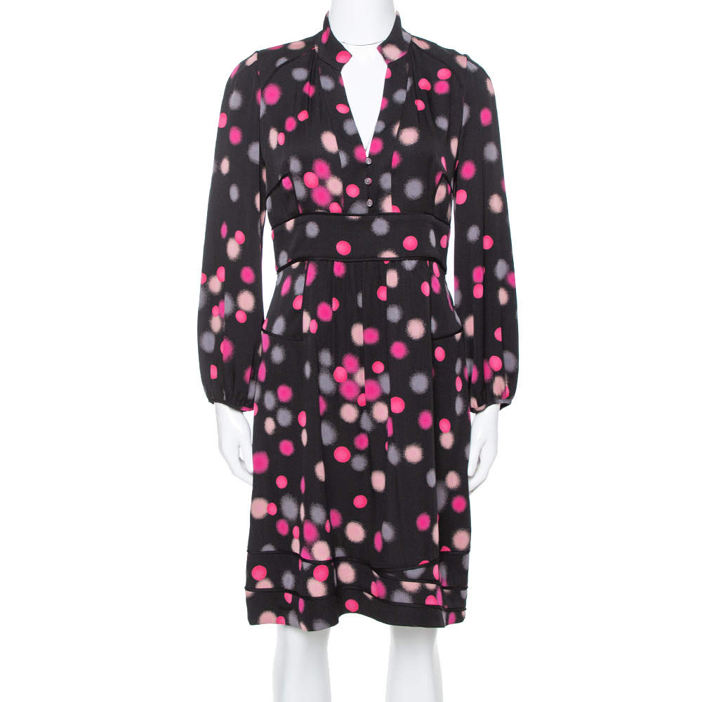 Pre Owned Diane Von Furstenberg Black Polka Dots Silk  Half Sleeve Midi Dress M