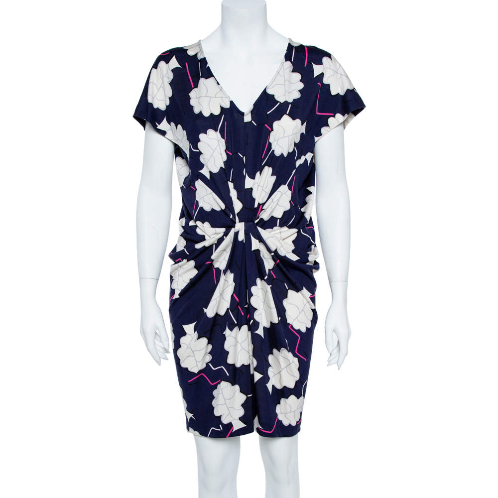Pre Owned Diane Von Furstenberg Blue/White Floral Print Silk Jersey Draped Nobuko Dress L