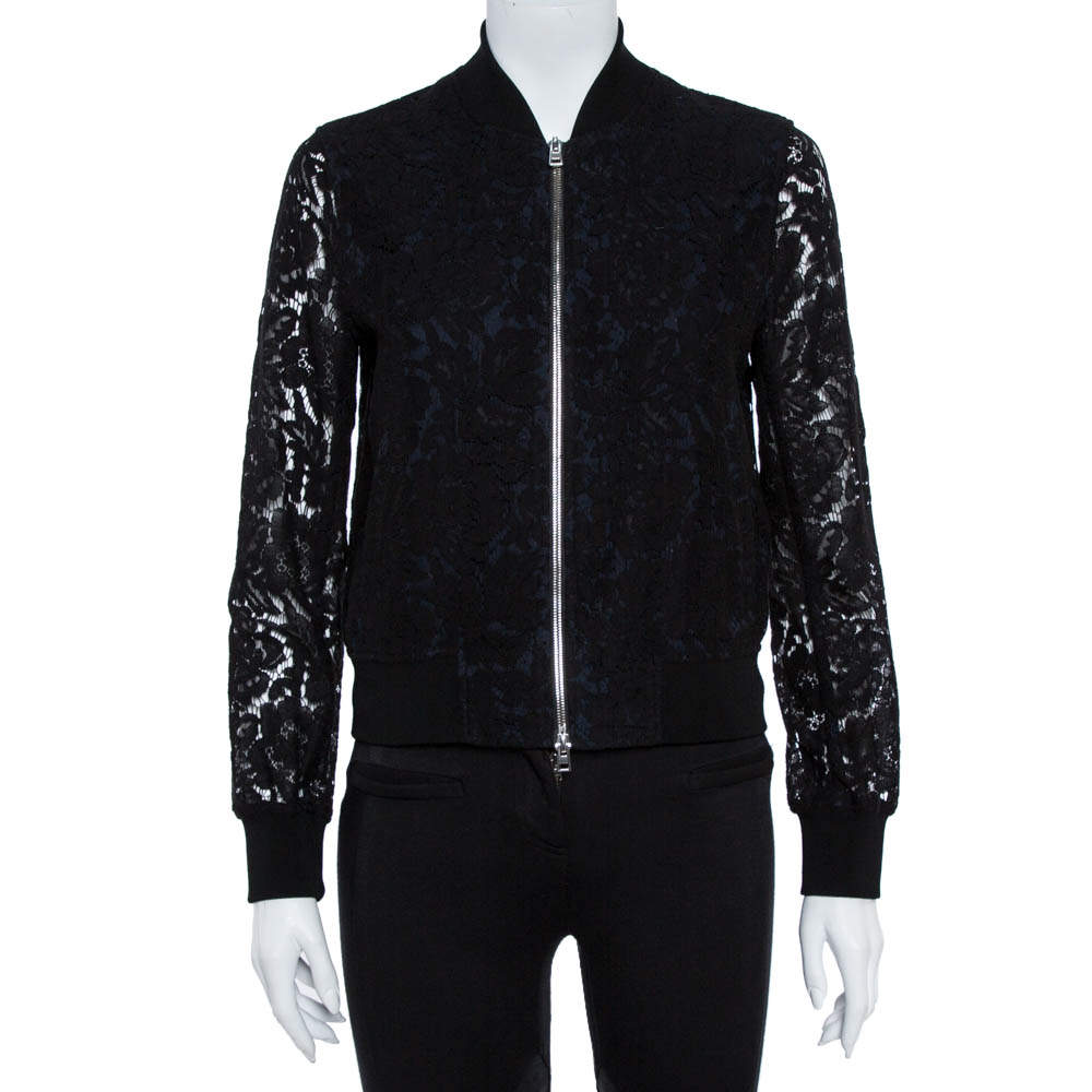 Pre Owned Diane von Furstenberg Black Lace Kennadie Bomber Jacket P