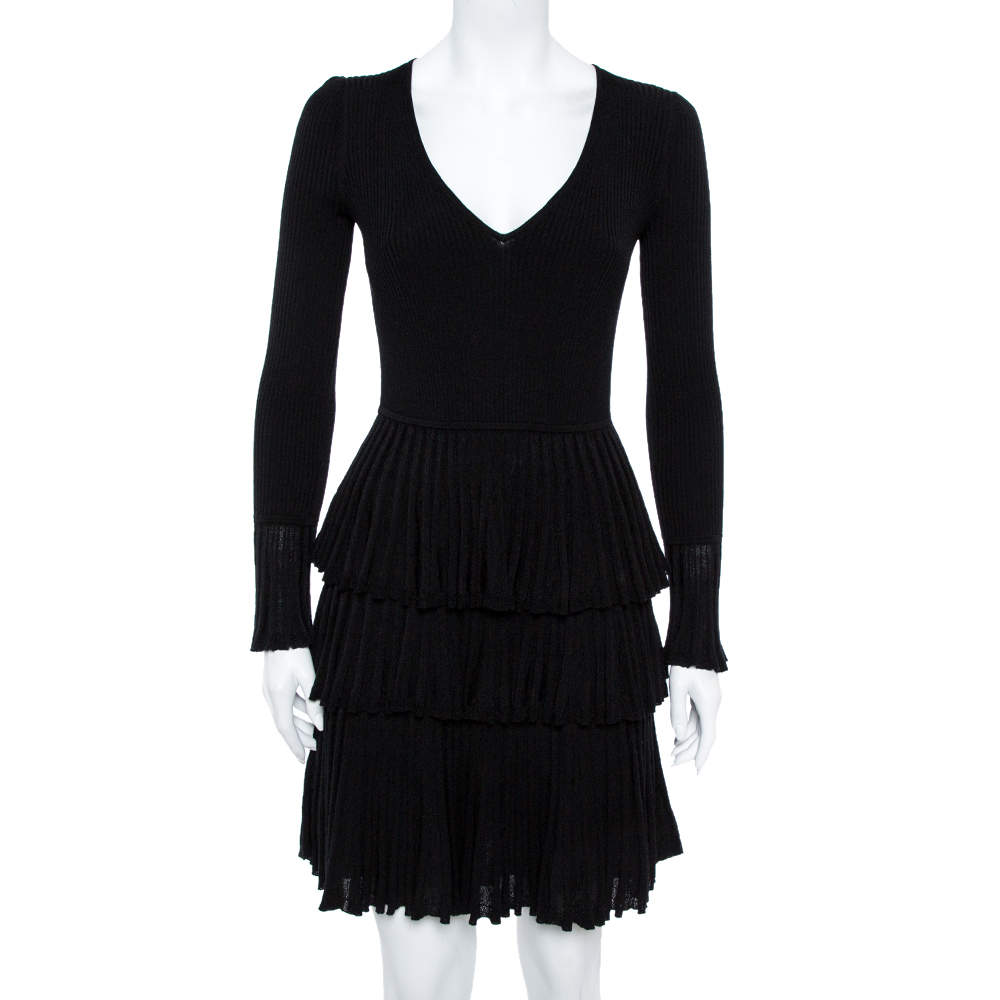 Pre Owned Diane von Furstenberg Black Tiered Plissé Knit Sharlynn Dress P