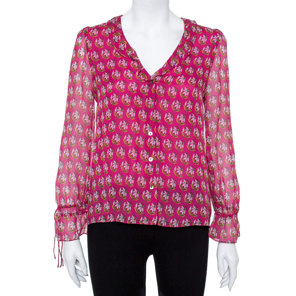 Pre Owned Diane von Furstenberg Bright Pink Silk Floral Print Kirsty Blouse XS