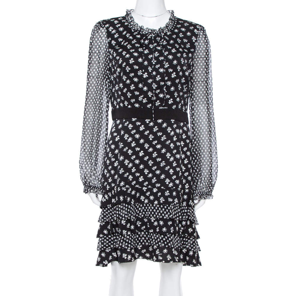 Pre Owned Diane Von Furstenberg Monochrome Floral Printed Silk & Ruffle Detail Fionna Maxi Dress L