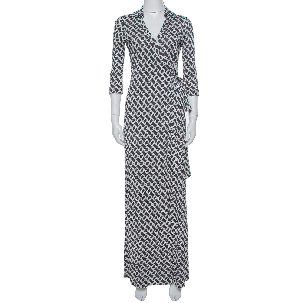 Diane Von Furstenberg Monochrome Collared Abigail Maxi Wrap Dress S