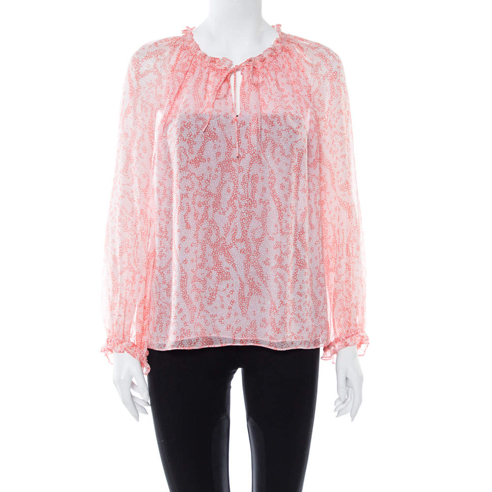 Pre Owned Diane von Furstenberg Pink Coral Print Silk Wynn Blouse M