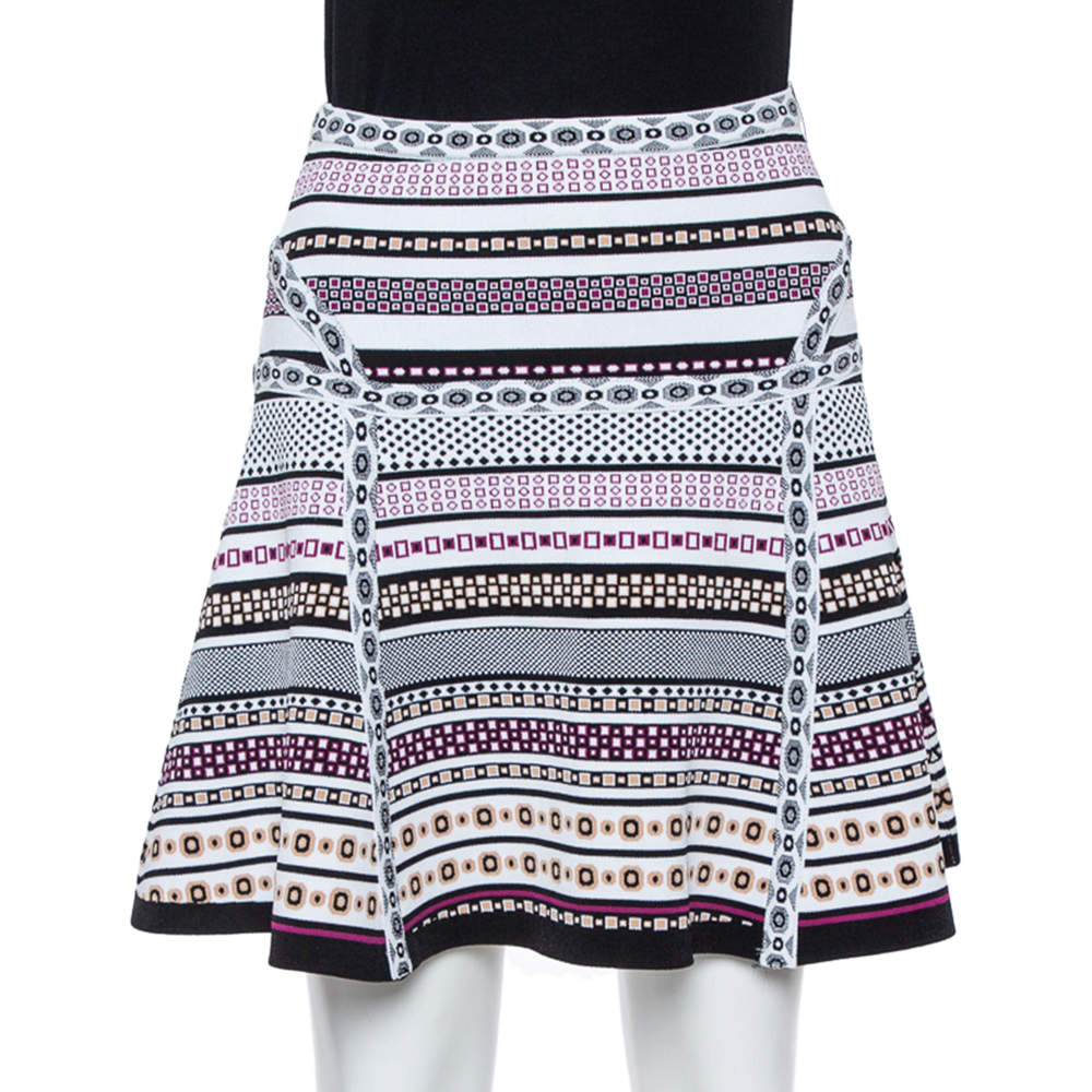 Pre Owned Diane Von Furstenberg White Banded Dot Knit Flote Skirt S