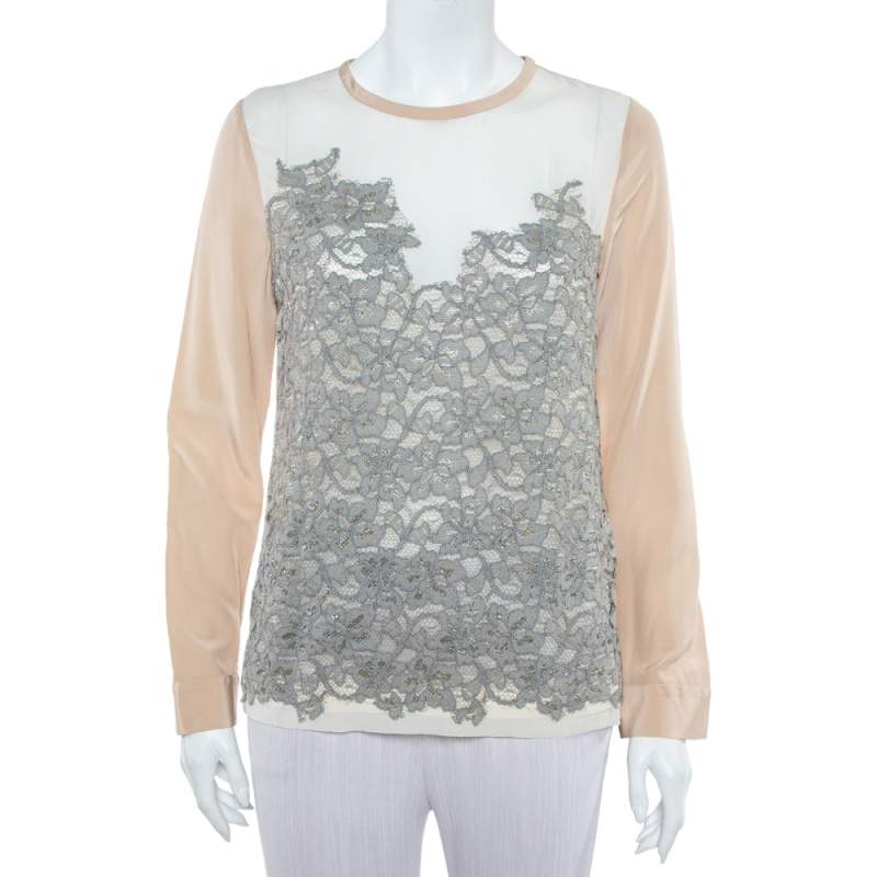 Pre Owned Diane Von Furstenberg Cream Crepe Lace Detail Branwen Top M