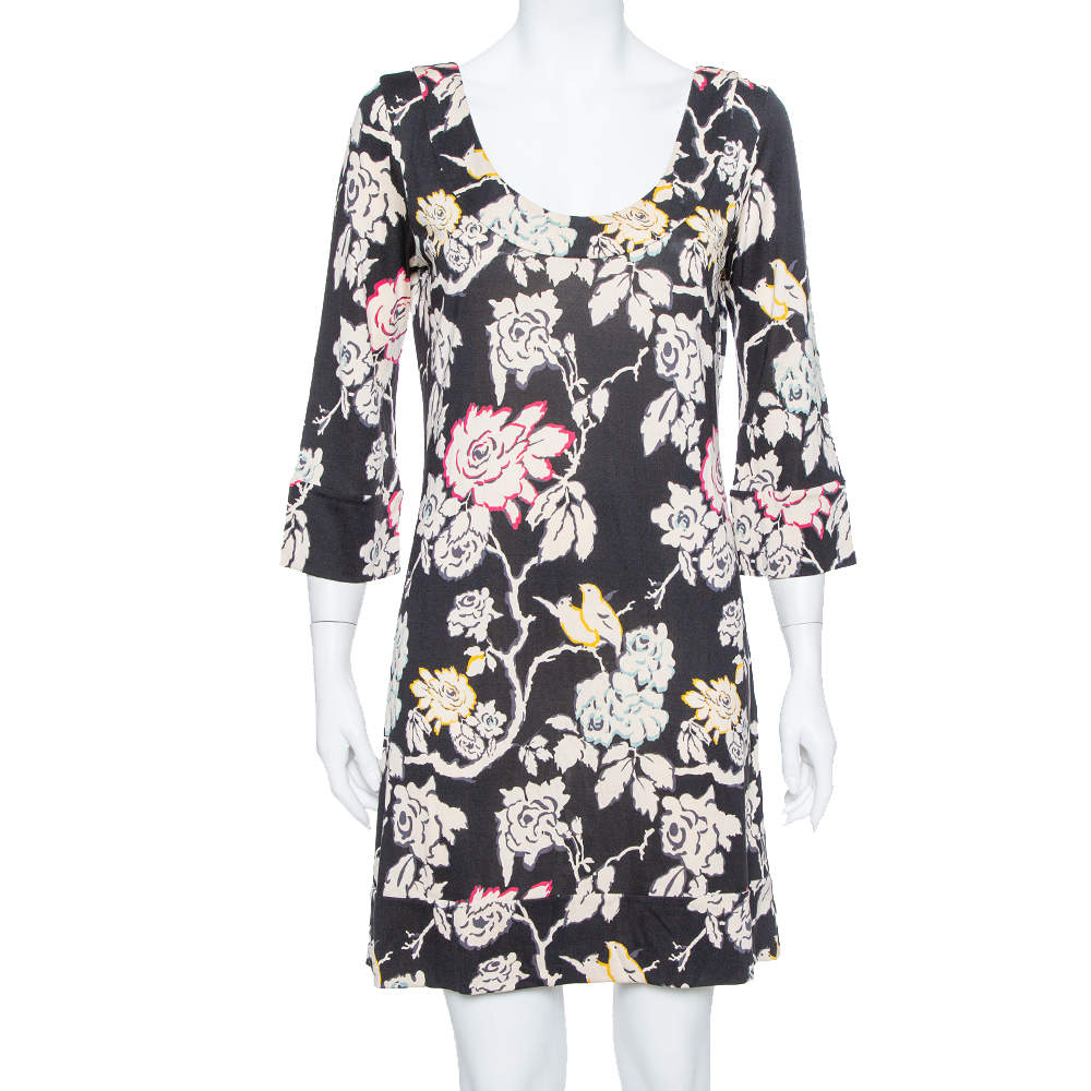 Pre Owned Diane von Furstenberg Black Floral Printed Silk Knit Shift Dress L
