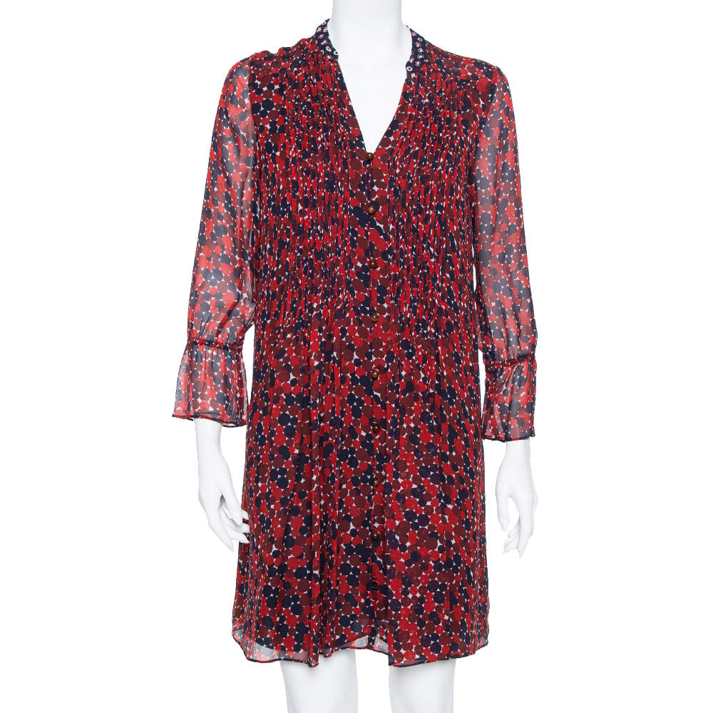 Pre Owned Diane von Furstenberg Red & Navy Blue Silk Pintuck Detail Kourtini Shift Dress M